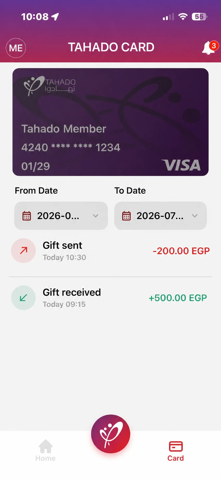 Tahado card screen with private details removed